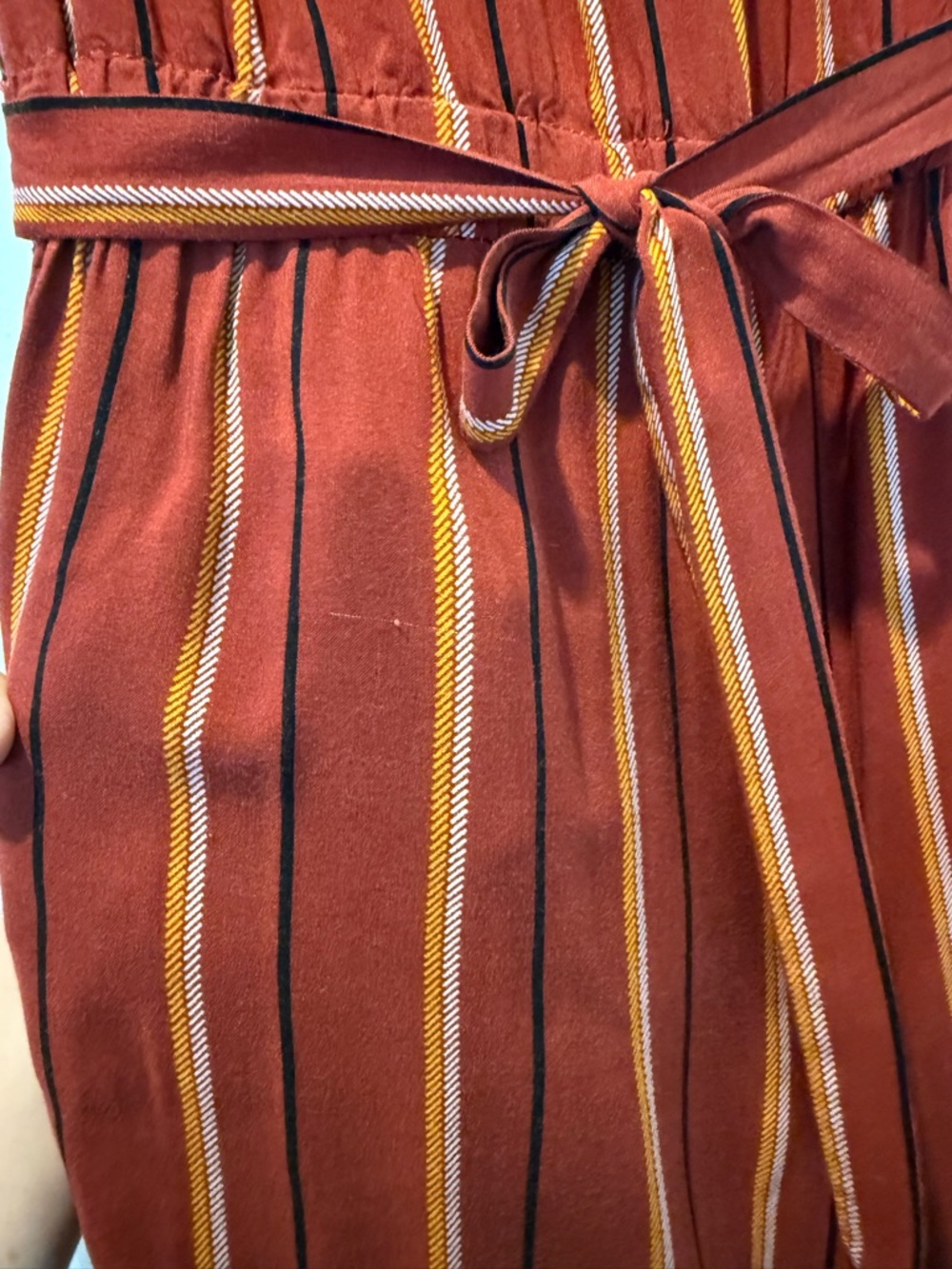 Women’s Rust colored Striped Strapless Wide-Leg Jumpsuit - Picture 9 of 10
